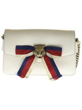 Gucci Animalier Broadway Bow Flap Chain Shoulder Bag White Leather Gold